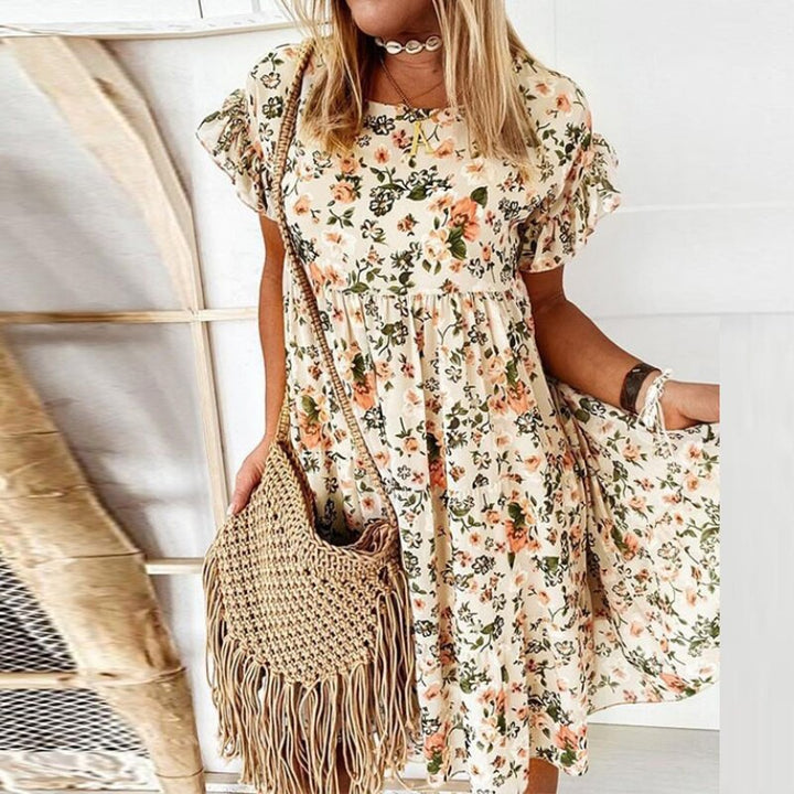 Stijlvolle bloemen midi jurk met ruches voor dames, perfect voor lente en zomer, casual of elegant.