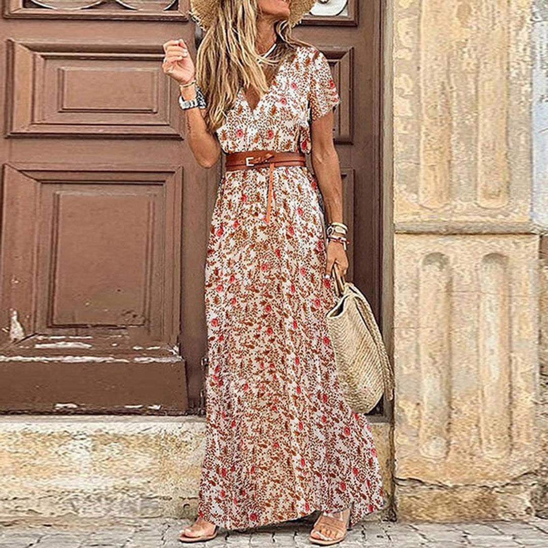 Vrouwenmode: vloeiende boho maxi jurk met elegant patroon, comfortabel en chique voor elke gelegenheid.