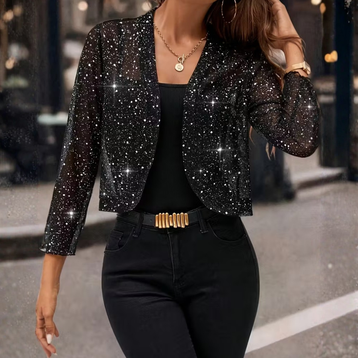 Feestelijke dames cardigan met glanzende pailletten en lange mouwen; ideaal als avondkleding of trendy bovenkleding.