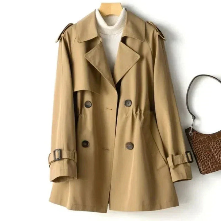 Lange dames trenchcoat, dubbelrij knoopsluiting en ceintuur voor een getailleerde pasvorm. Perfecte bovenkleding.