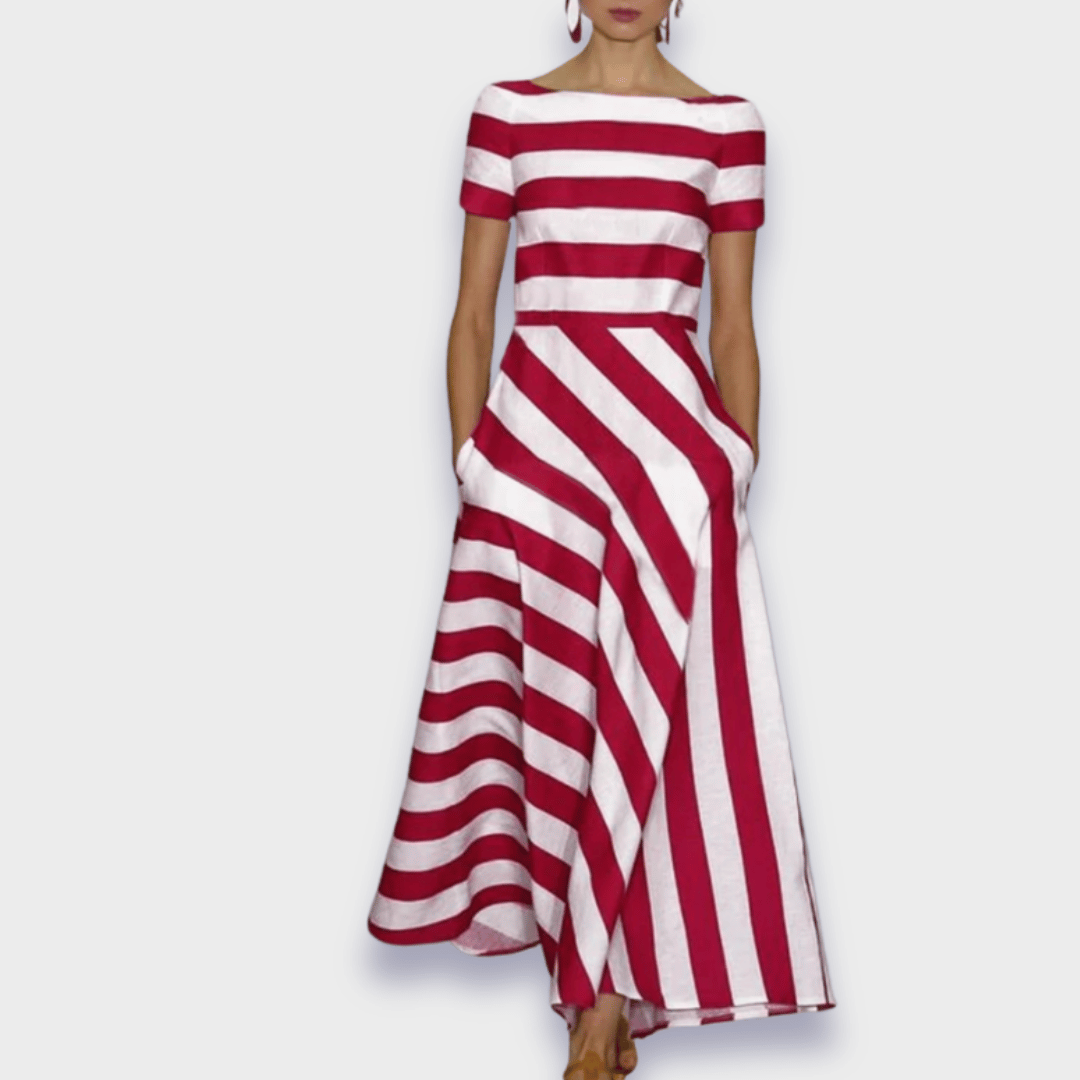 Elegante dames gestreepte A-lijn midi jurk in rood-wit, perfect voor zomerse dagen. Comfortabel en stijlvol.