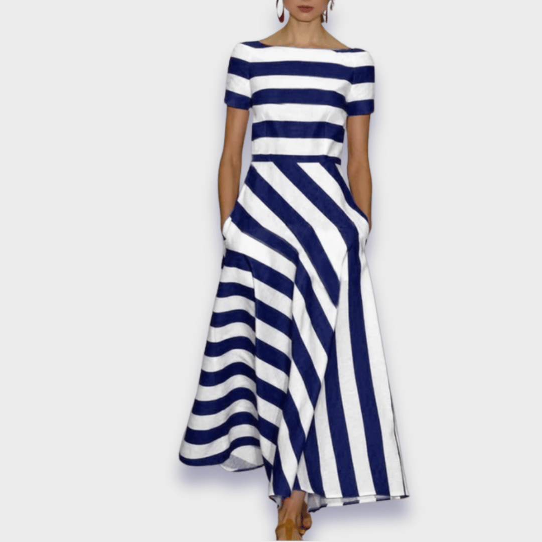 Veelzijdige donkerblauwe gestreepte A-lijn midi jurk voor dames, met flatterende snit en optimale comfort.