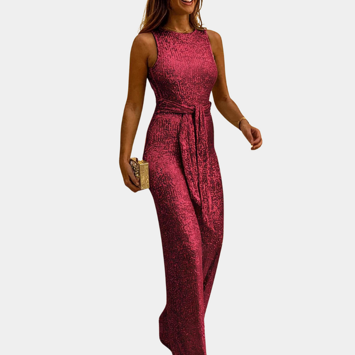 "Elegante dames glitterjumpsuit in verrassende kleuren voor feestelijke gelegenheden, met glamour en comfort."