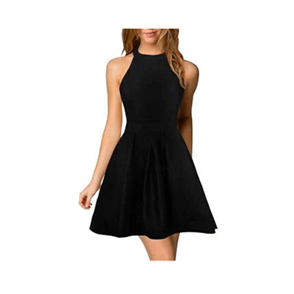 Mouwloze halterjurk met empire taille. Knielange dames zomerjurk, effen en comfortabel voor elke dag.