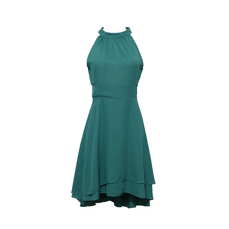 Hoge taille halterjurk, chiffon midi, gelaagd, slim fit damesjurk voor zomerse evenementen.
