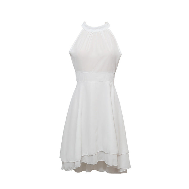 Feestelijke dameskleding: mouwloze halterjurk, chiffon midi, hoge taille, perfecte pasvorm.