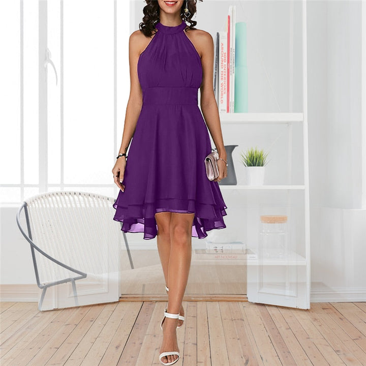 Dames elegante halterjurk, chiffon midi voor zomerse gelegenheden, met gelaagde details.
