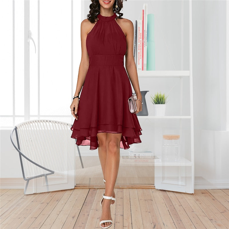 Mouwloze zomerjurk, hoge taille chiffon midi halterjurk, slim fit pasvorm voor dames.