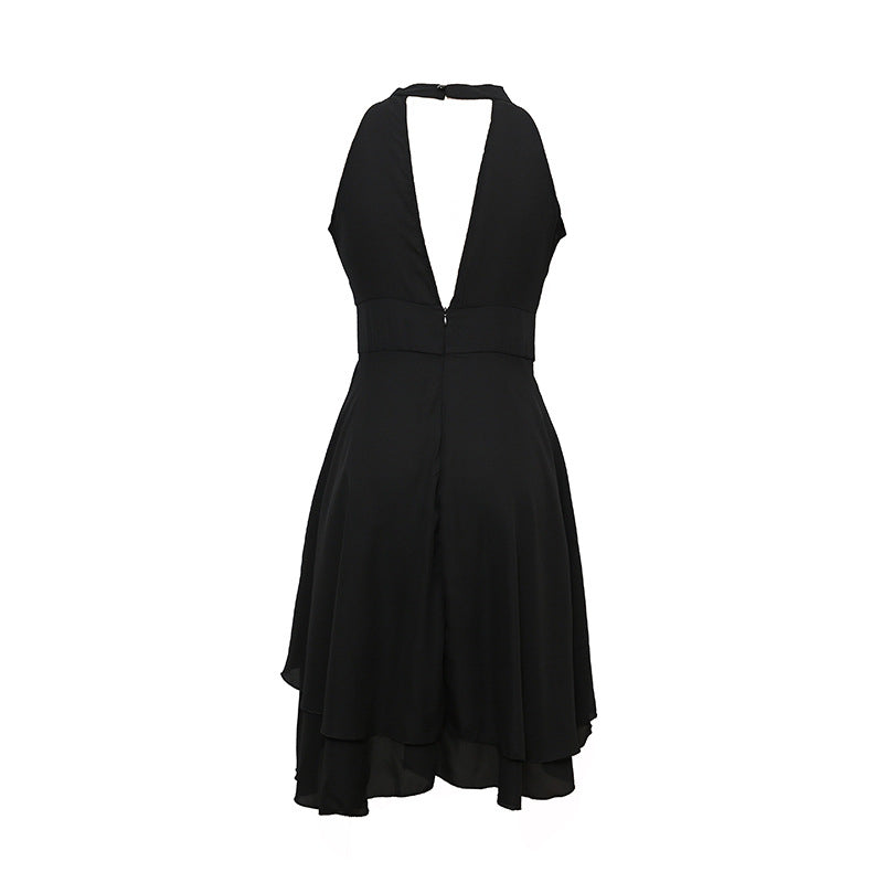 Zomerse feestjurk dames, chiffon halter midi, gelaagd ontwerp, perfect voor elegante evenementen.