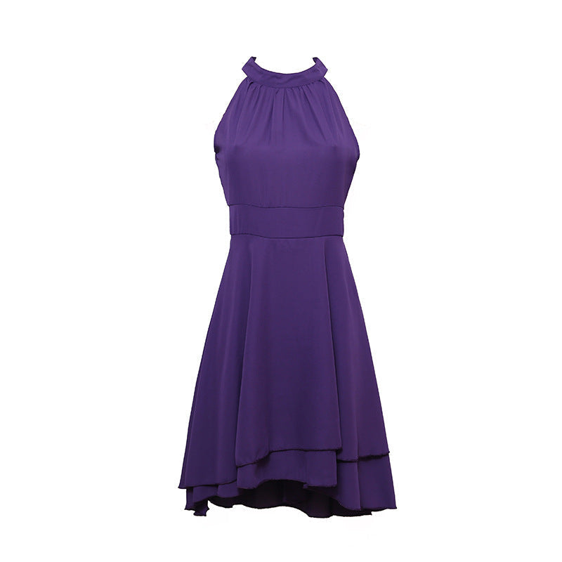 Slim fit damesjurk, halterjurk van chiffon, midi lengte, hoge taille, ideaal voor de zomer.
