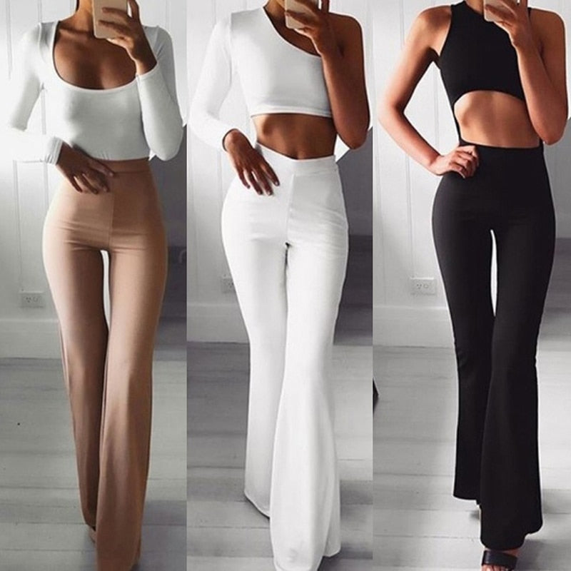 Elegante dames high-waist flared broek met wijde pijpen, perfect voor comfort en stijl.
