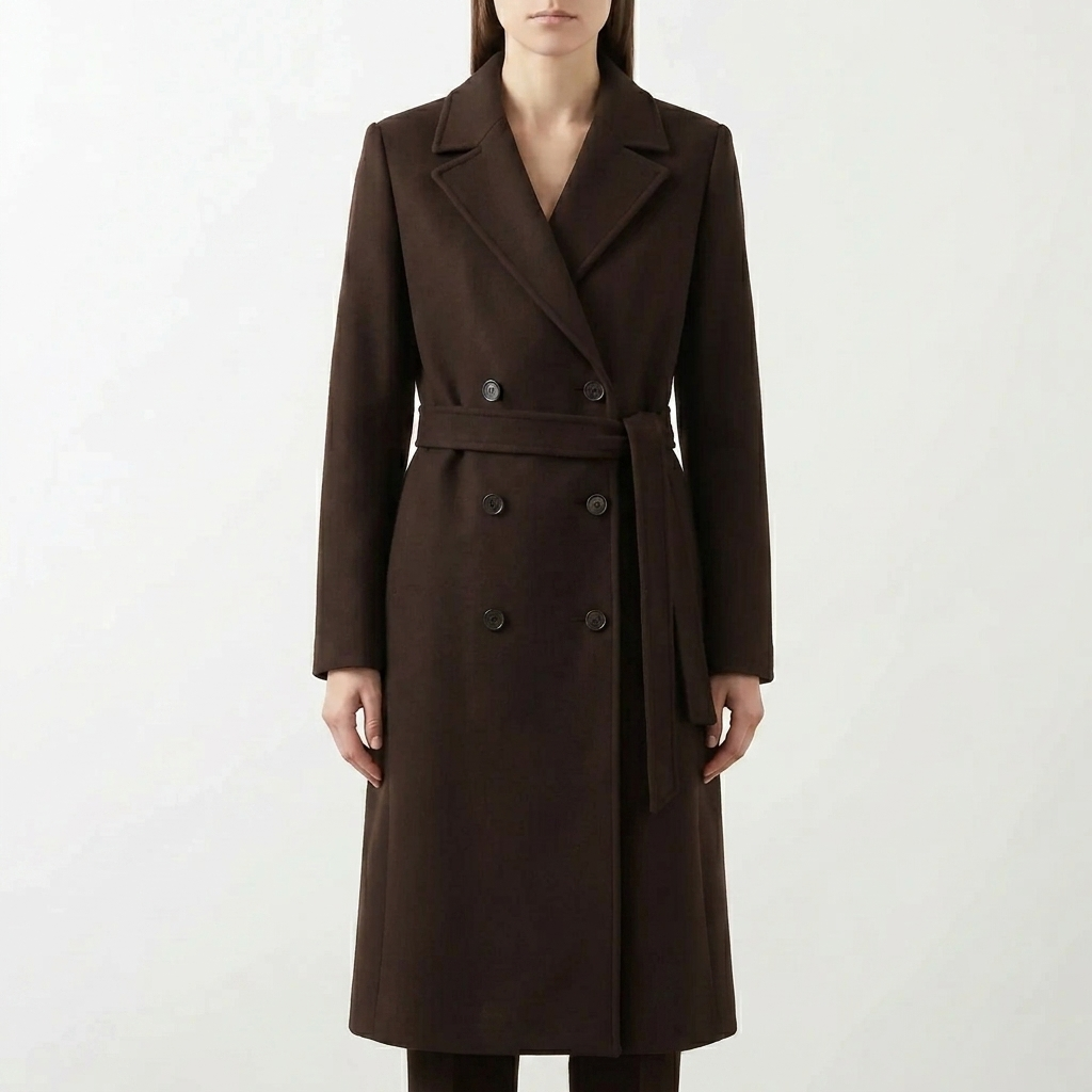 Zwarte getailleerde lange dames jas van dubbelgebreid polyester. Chique tussenjas met knoopsluiting en strik.