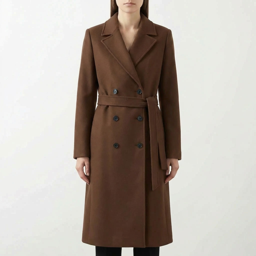 Khaki dubbelgebreide lange dames tussenjas, met elegante strikceintuur en knoopsluiting voor een klassieke look.
