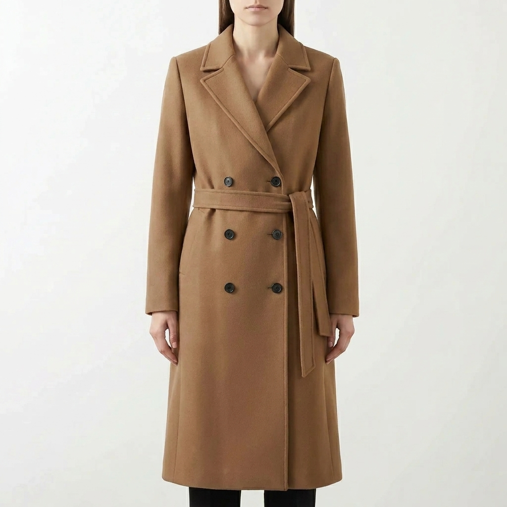 Klassieke lange dames jas, dubbelgebreid met strikceintuur en knopen. Elegante, getailleerde polyester tussenjas.