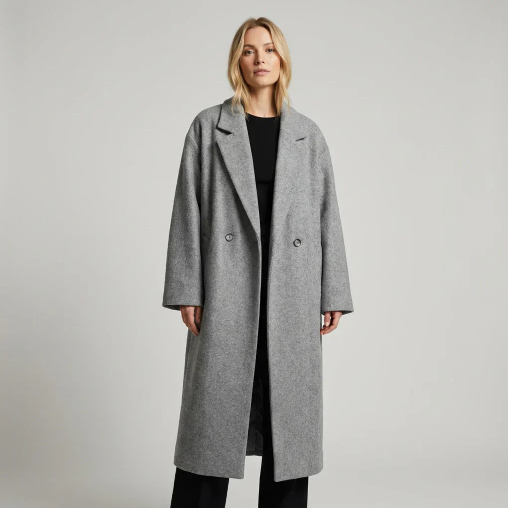 Elegante dames lange winterjas van polyester, stijlvol en warm, met handige zakken voor de winter.