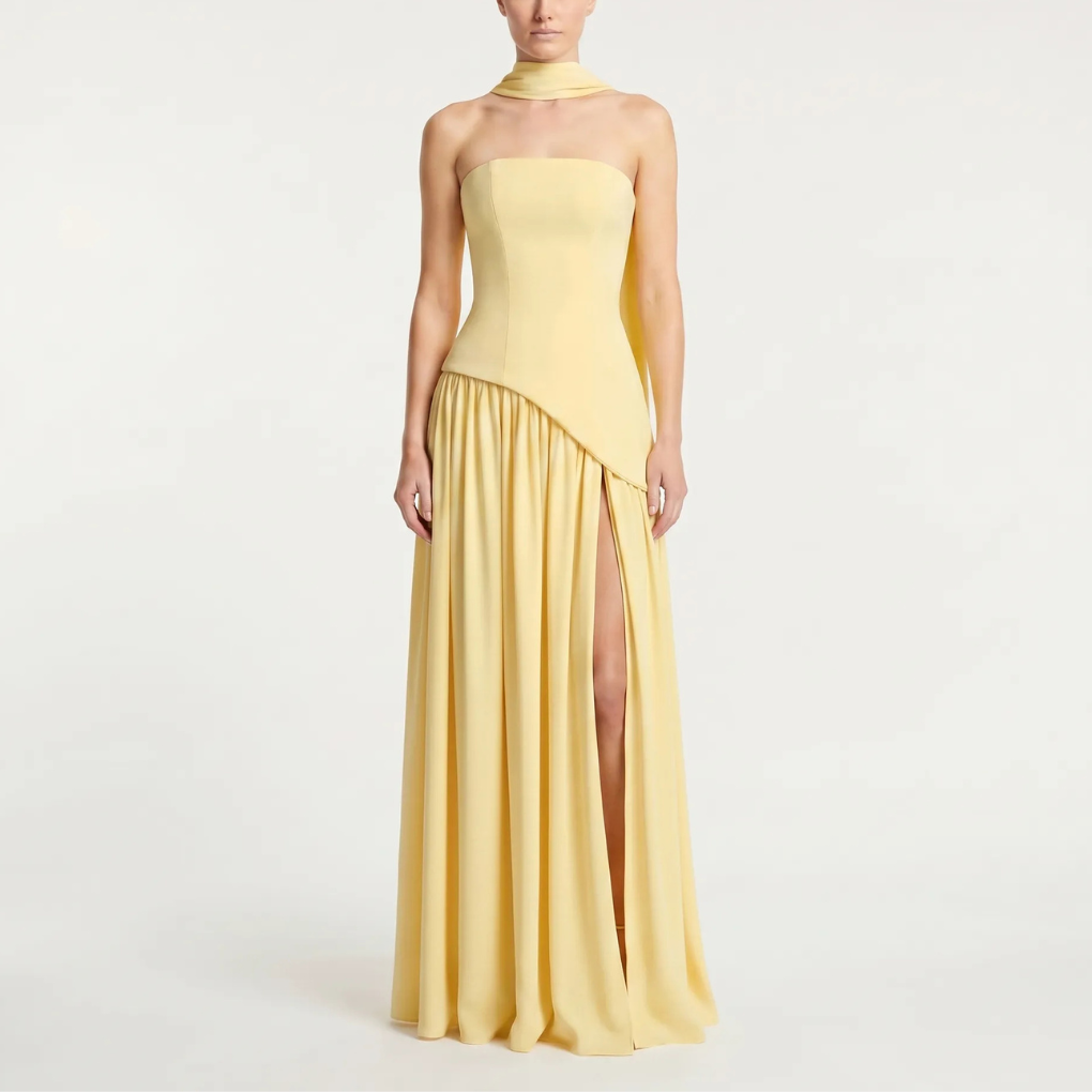 Dames gala jurk, polyester maxi met gestructureerd corset en sjaaldetail, voor een indrukwekkende entree.
