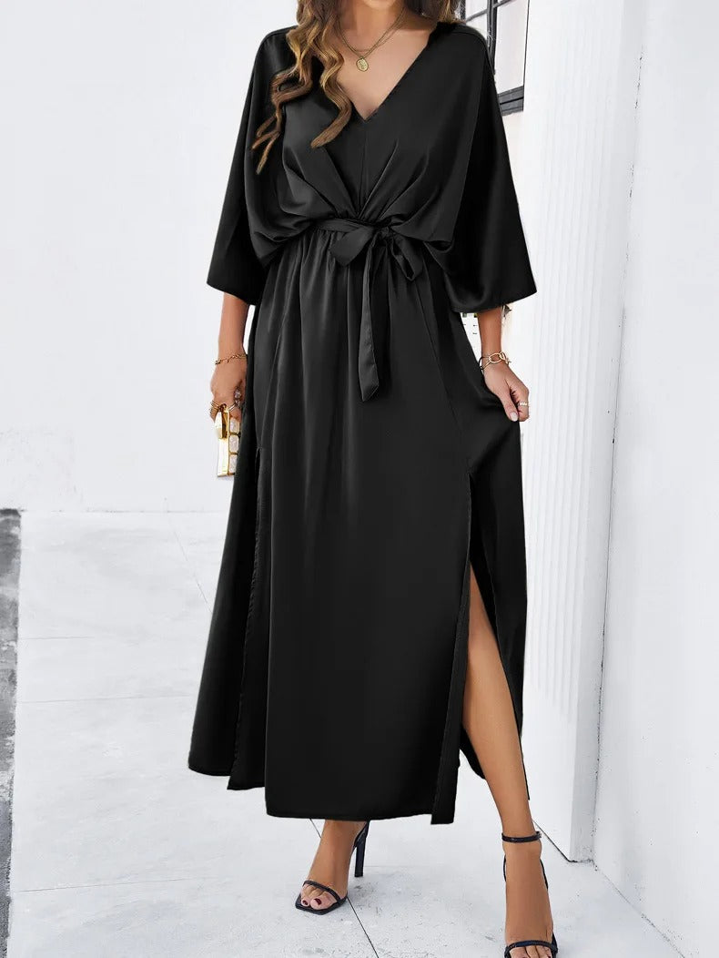 Elegante dames midi jurk met V-hals, perfect voor zomerse feesten en bruiloftsgasten.
