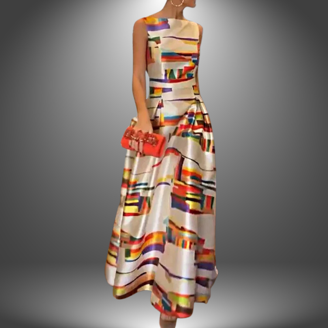 Elegante dames mouwloze A-lijn maxi jurk met meerkleurige geometrische print, ideaal voor zomerse dagen of feesten.