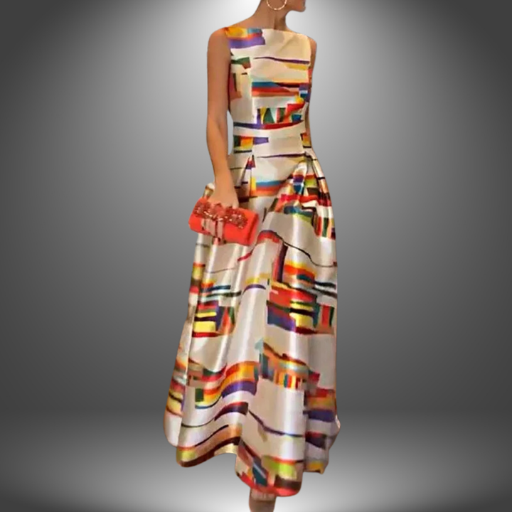 Elegante dames mouwloze A-lijn maxi jurk met meerkleurige geometrische print, ideaal voor zomerse dagen of feesten.