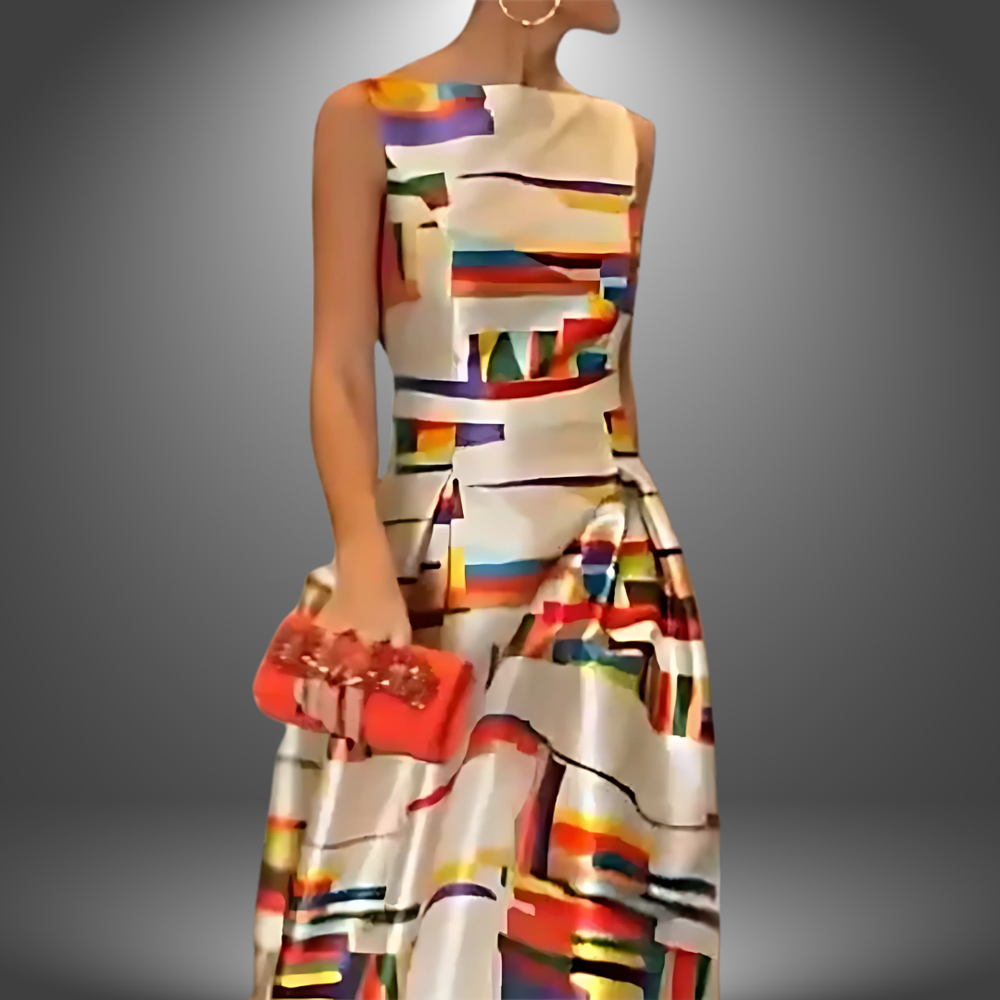 Casual meerkleurige mouwloze A-lijn maxi jurk voor dames met een unieke geometrische print, comfortabel en stijlvol.