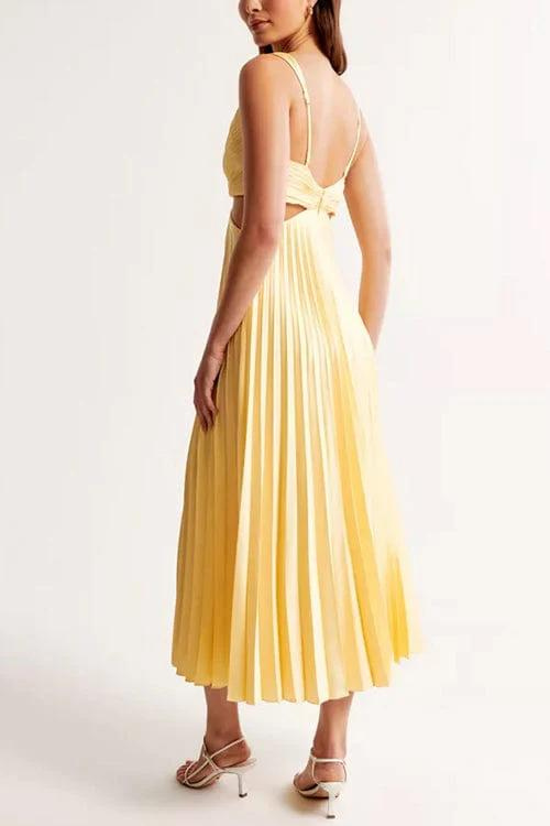 Elegante dames mouwloze A-lijn midi jurk met V-hals en plooien, perfect voor zomerse dagen.