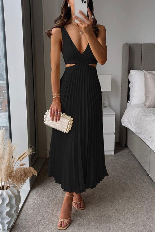Mouwloze elegante midi jurk voor vrouwen, met een flatterende A-lijn pasvorm, V-hals en geplooide details.