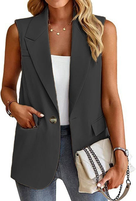 Veelzijdige dames mouwloze blazer blouse, een stijlvolle en elegante top met zakken voor modebewuste vrouwen.