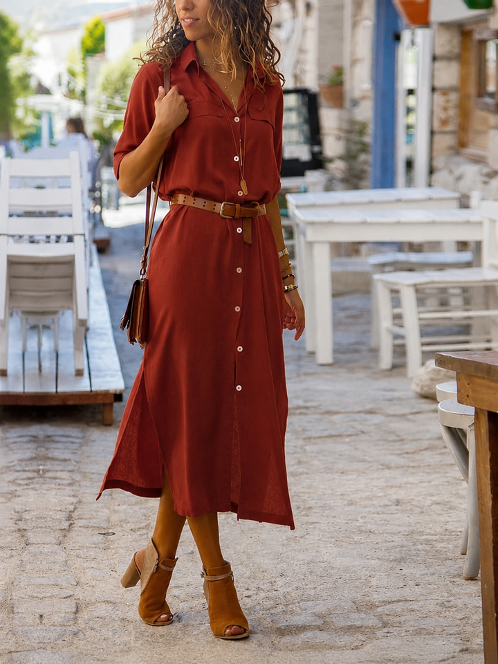 Elegante dames overhemd midi jurk met riem in klassiek ontwerp, ideaal voor diverse gelegenheden.