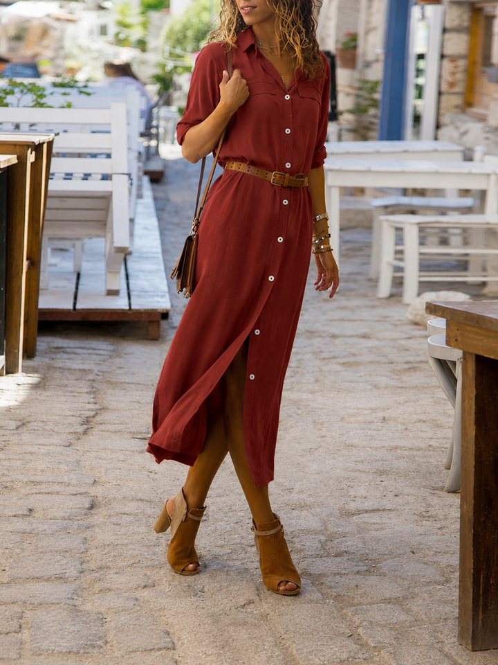 Casual getailleerde overhemdjurk voor dames, midi-lengte, met riem en knoopsluiting, perfect voor de lente.