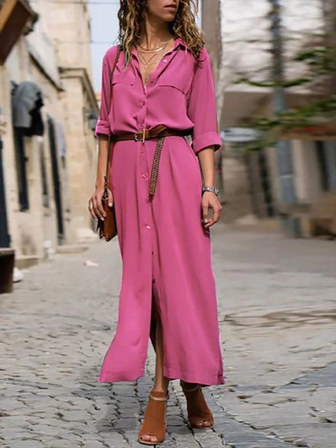 Zomerse roze midi overhemdjurk voor dames met verstelbare riem, een frisse en getailleerde look.