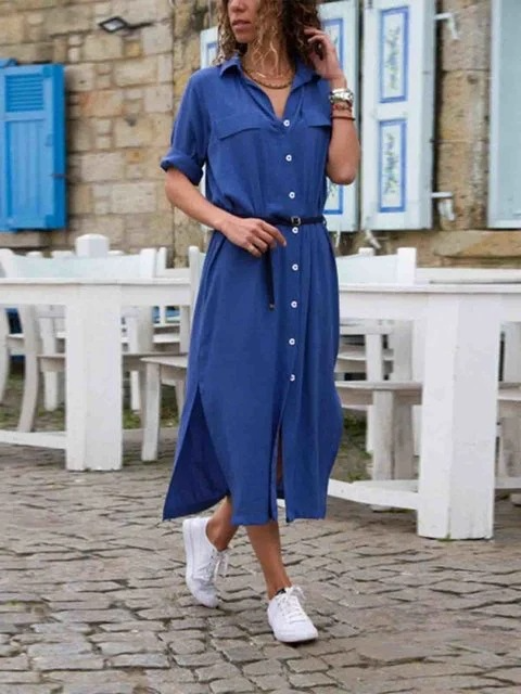 Chique zwarte dames overhemd midi jurk met riem, een tijdloze keuze voor zowel casual als zakelijke outfits.