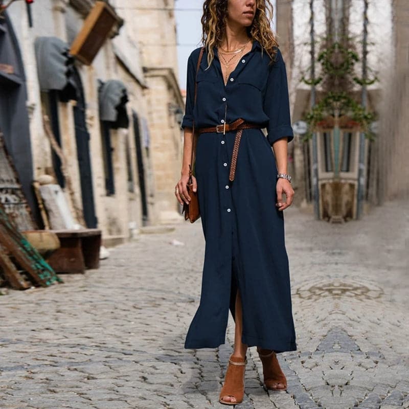 Modieuze rode overhemdjurk voor dames met riem, een elegante midi-jurk met knoopsluiting voor elke gelegenheid.
