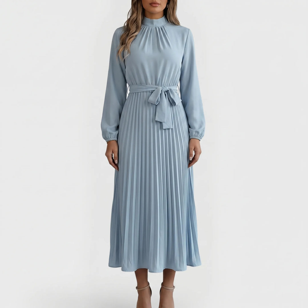 Damesjurk van polyester-elastaan, plooimidi met strikceintuur, comfortabel en stijlvol.