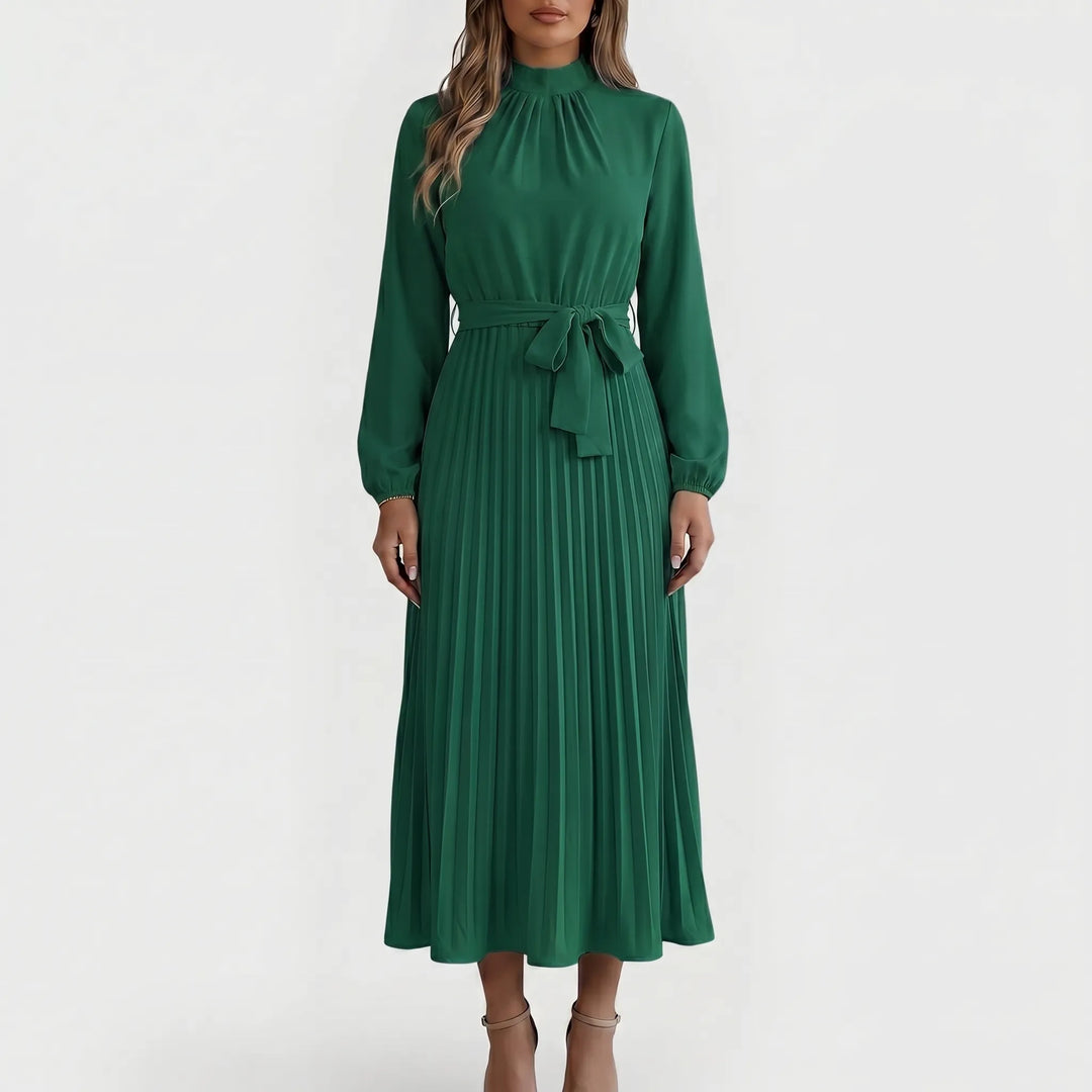 Midi-jurk met lange mouwen en strikceintuur, plooien zorgen voor een elegante pasvorm, diverse kleuren.