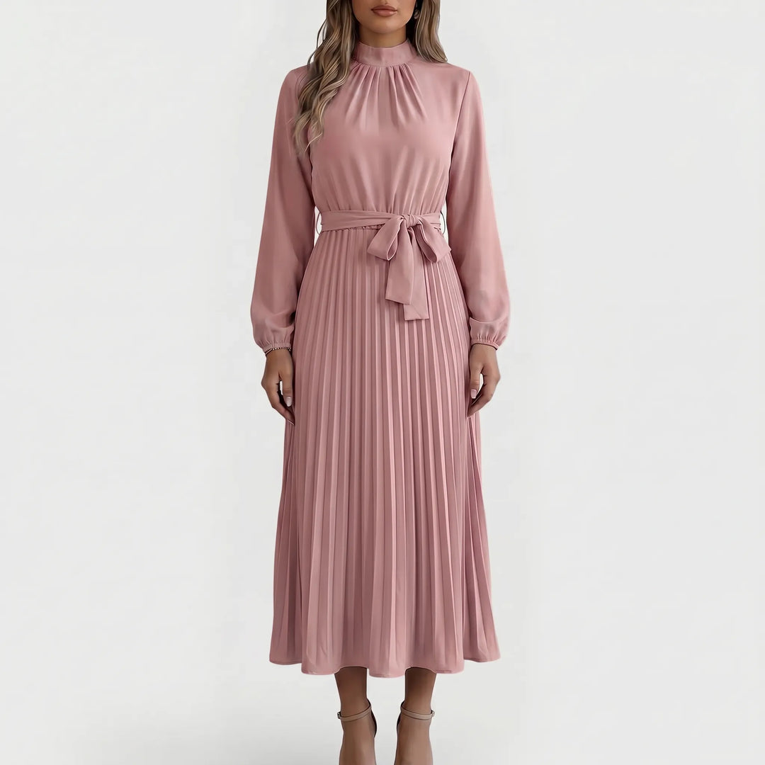 Casual chic plooimidi jurk voor dames, met strikceintuur en lange mouwen, gemaakt van zacht polyester.
