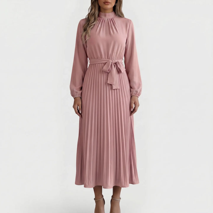 Casual chic plooimidi jurk voor dames, met strikceintuur en lange mouwen, gemaakt van zacht polyester.