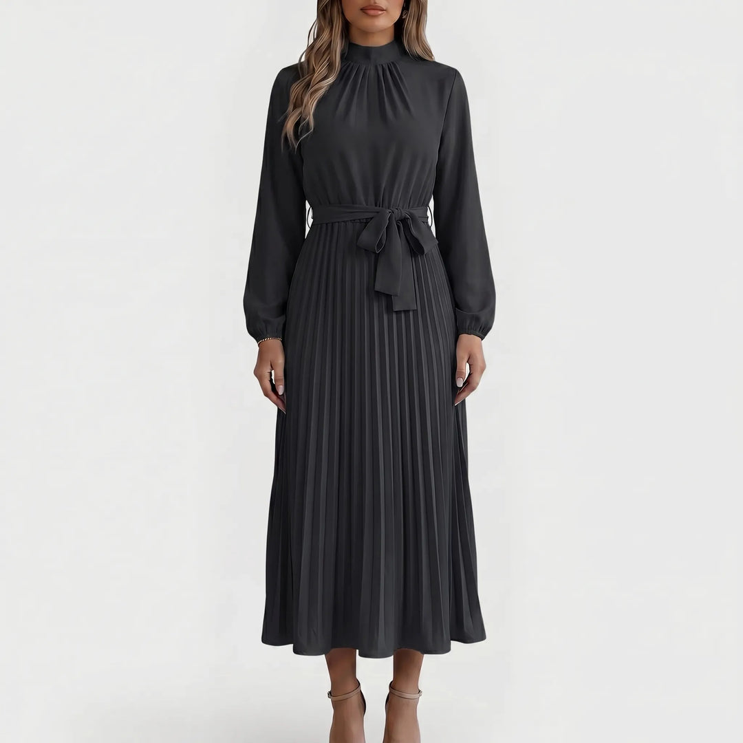 Chique dames plooimidi jurk met elegante strikceintuur, lange mouwen en een veelzijdige, tijdloze uitstraling.