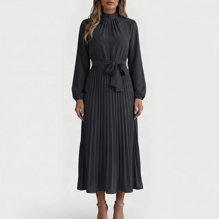 Chique dames plooimidi jurk met elegante strikceintuur, lange mouwen en een veelzijdige, tijdloze uitstraling.