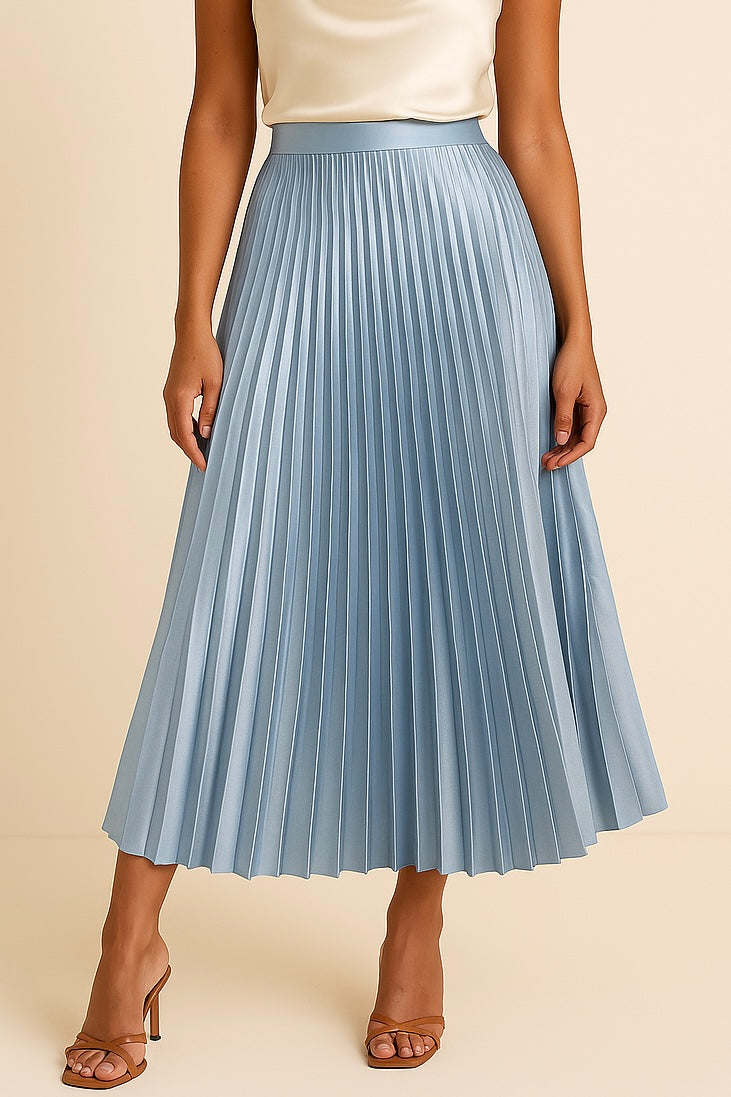 Chique midi plissérok van satijn voor dames, ideaal als feestkleding of elegante zomerlook.
