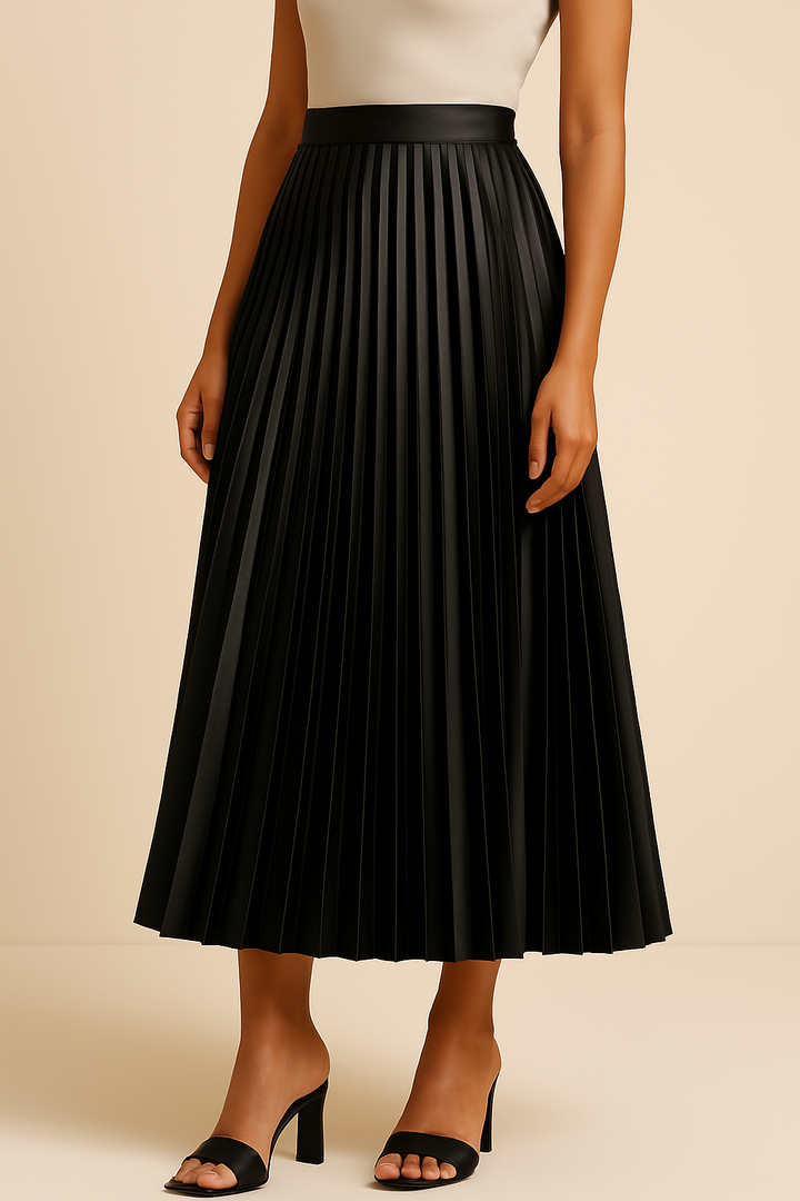 Glanzende satijnen plissérok voor dames met elegante hoge taille, perfect voor een chique uitstraling.