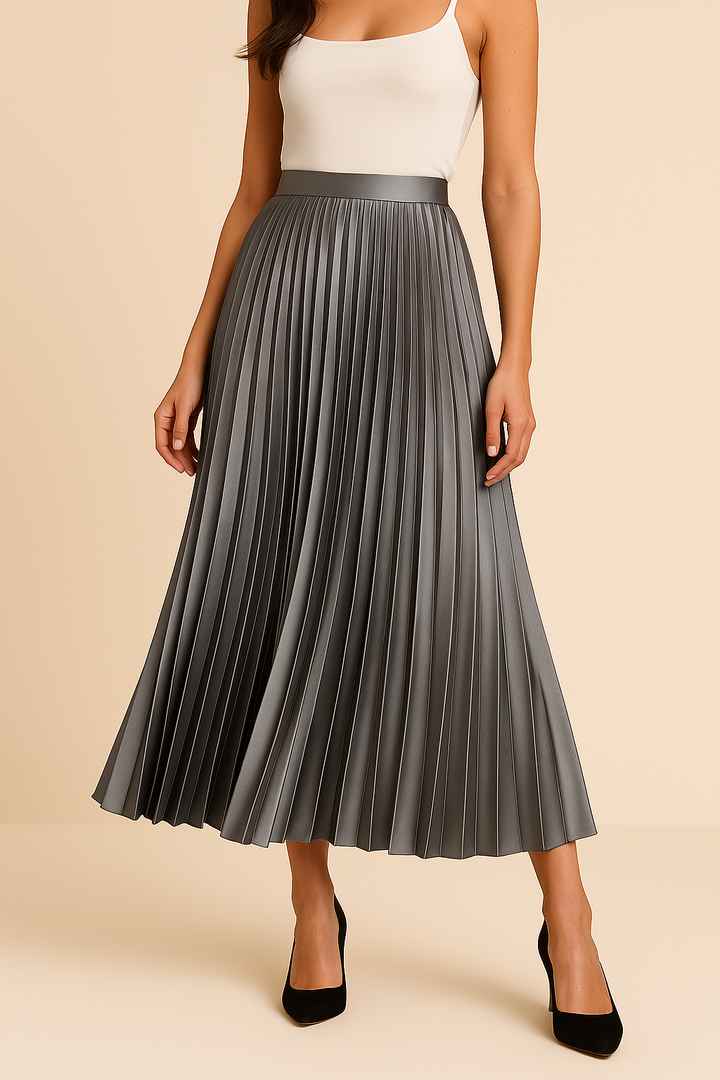 Veelzijdige dames satijnen plissérok, hoge taille midi model, geschikt voor zomer en feestkleding.