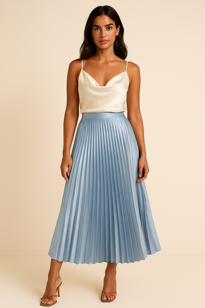 Hoymans elegante dames satijnen plissérok, midi lengte, hoge taille design, ideaal voor zomerse stijl.