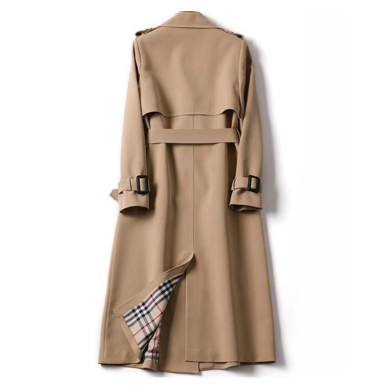 Lange klassieke dames trenchcoat met riem, stijlvolle bovenkleding voor elk seizoen.