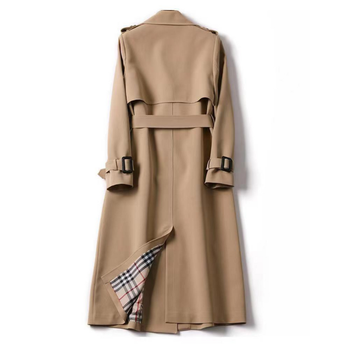 Lange klassieke dames trenchcoat met riem, stijlvolle bovenkleding voor elk seizoen.