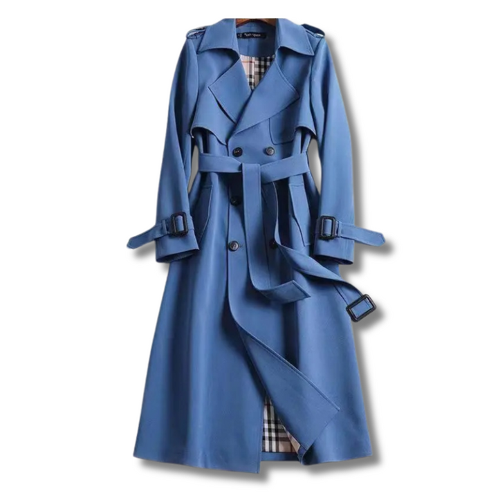 Tijdloze dames trenchcoat met strikceintuur en reverskraag, een elegante lange jas.