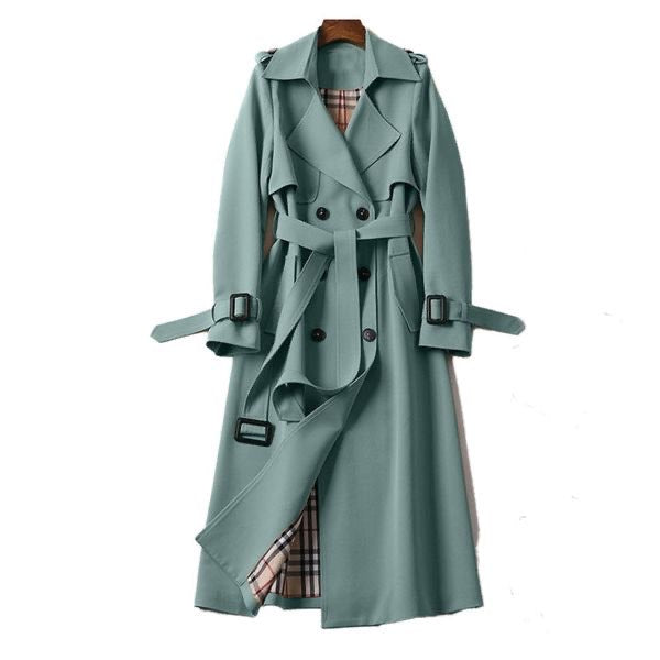 Chique dames trenchcoat met riem, een iconische lange jas die elegantie uitstraalt.