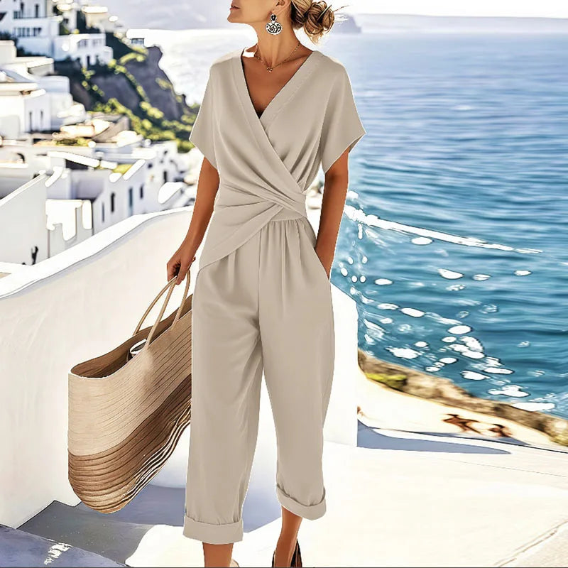 Elegante dames tweedelige wikkel set met cropped top en rok, perfect voor zomerse mode en een chique casual look.