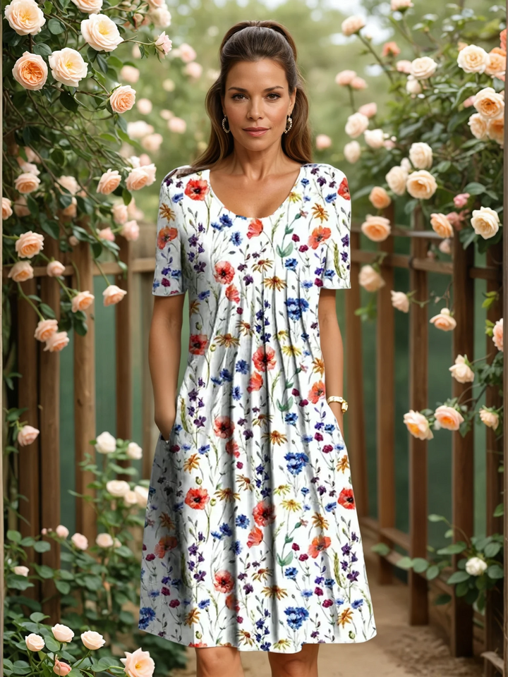 Elegante dames V-hals A-lijn midi jurk met bloemenprint. Ideale zomerjurk met korte mouwen voor casual of chique.