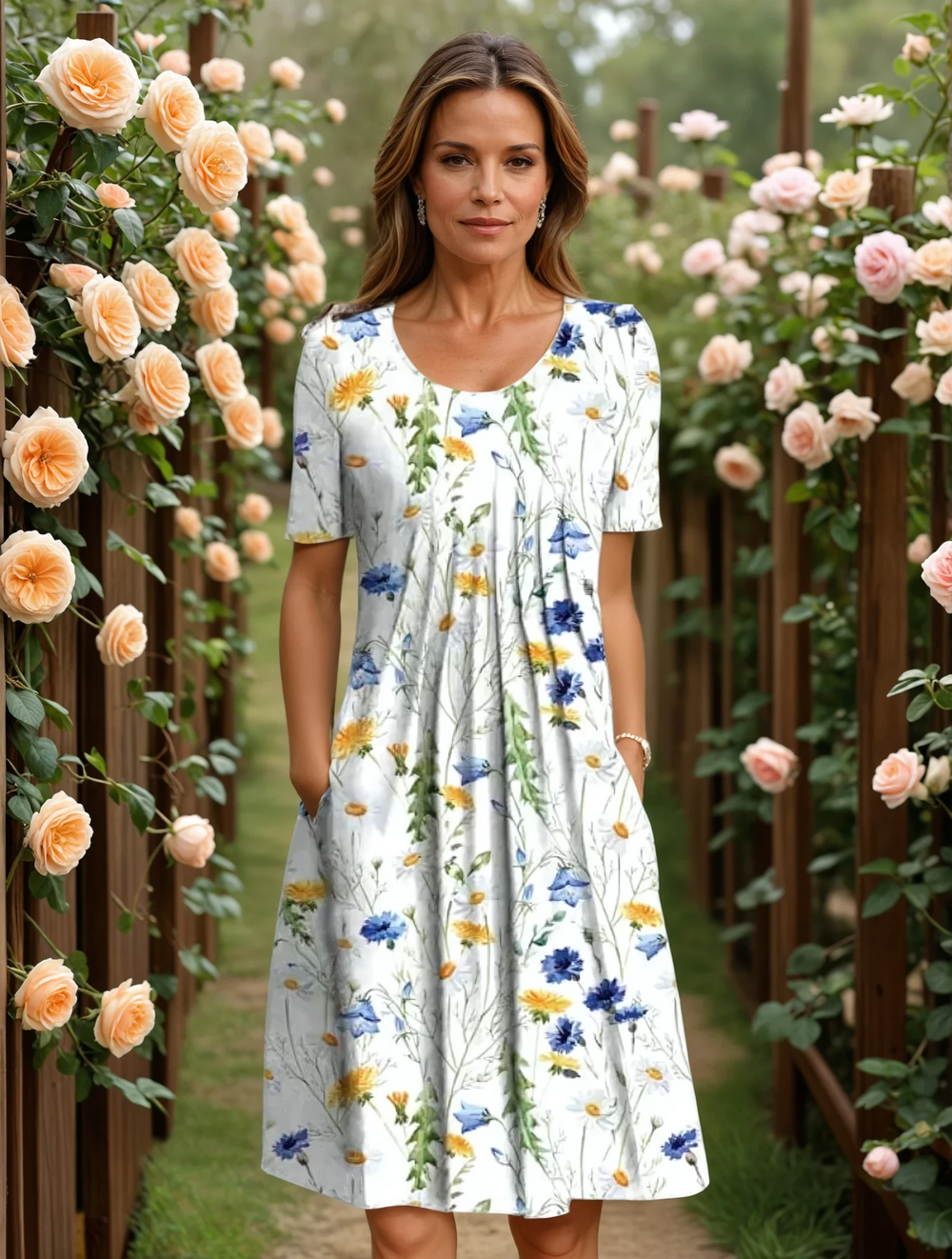 Vrolijke A-lijn midi jurk met bloemenprint, V-hals en korte mouwen. Comfortabele dames zomerjurk voor casual gelegenheden.