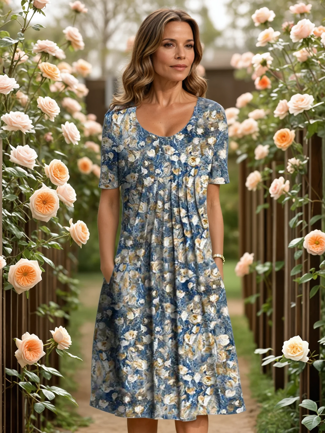 Trendy dames A-lijn midi jurk met V-hals, bloemenprint en korte mouwen. Elegante en veelzijdige zomerjurk voor dames.